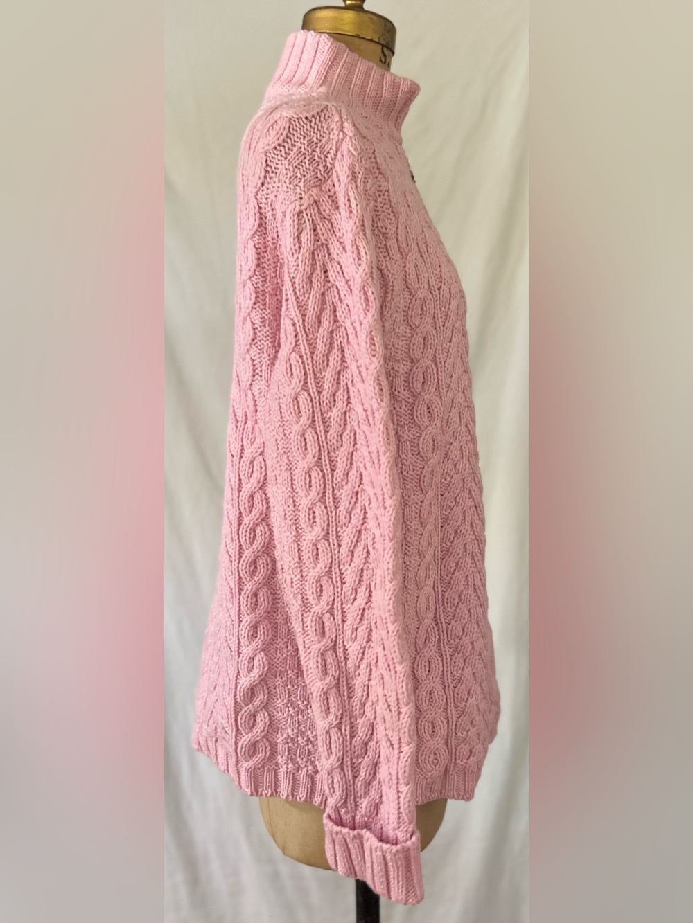 Aran Crafts Pink Merino Wool Quarter Zip Cable Knit Sweater M - Picture 4 of 10